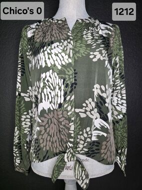 Chico's Olive Green Floral Tie-Front Blouse